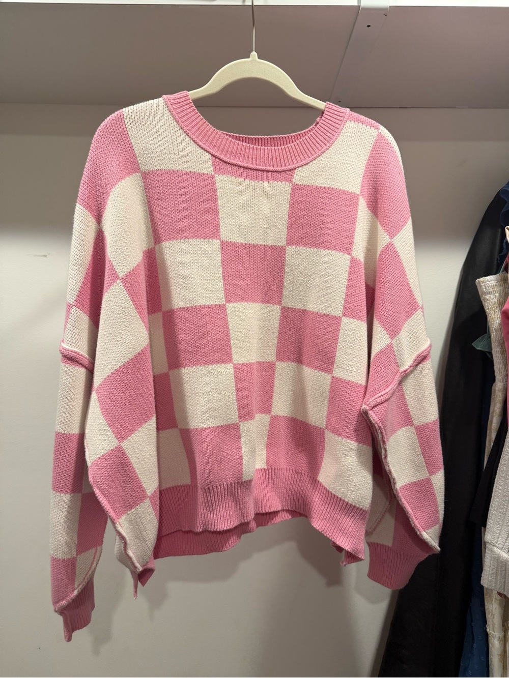 Chic Soul Pink & Cream Checkerboard Crewneck Sweater